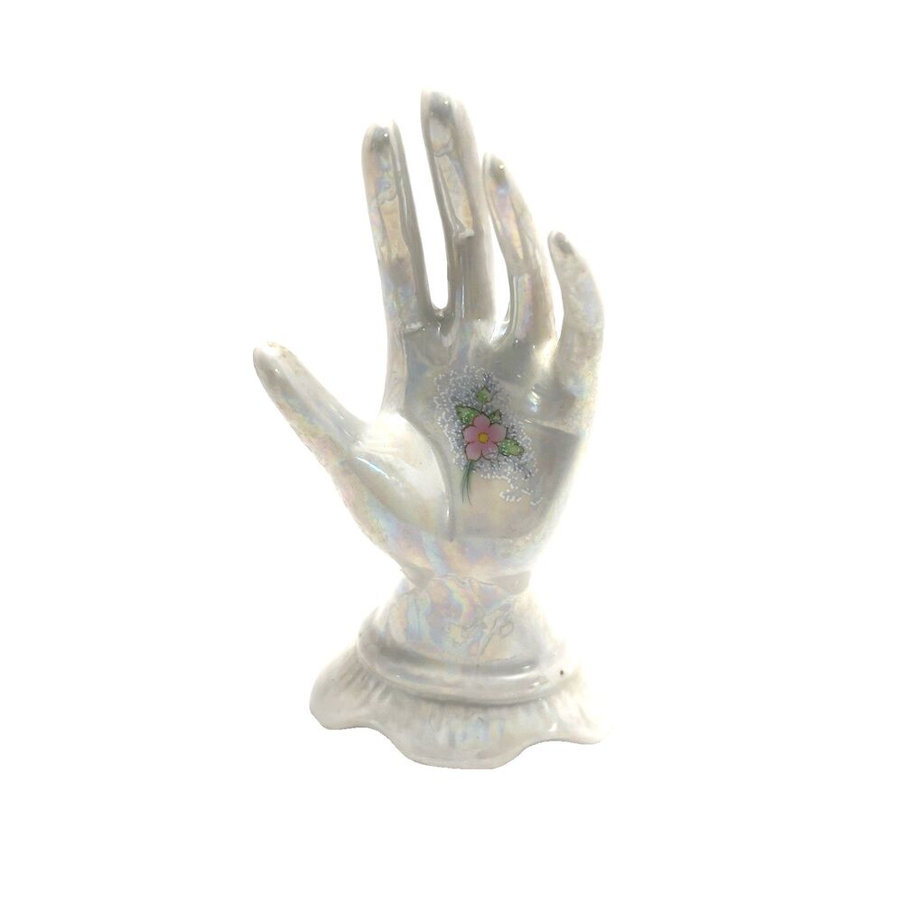 Vtg Porcelain Lady's Hand Figurine Floral Rose Chic Victorian Vanity Jewelry 6"